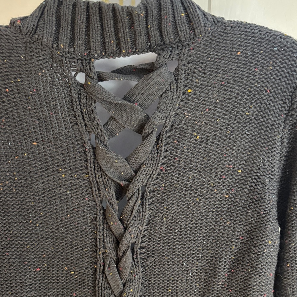 Dark gray with colorful specks Open Front Women's Sweater with braided back